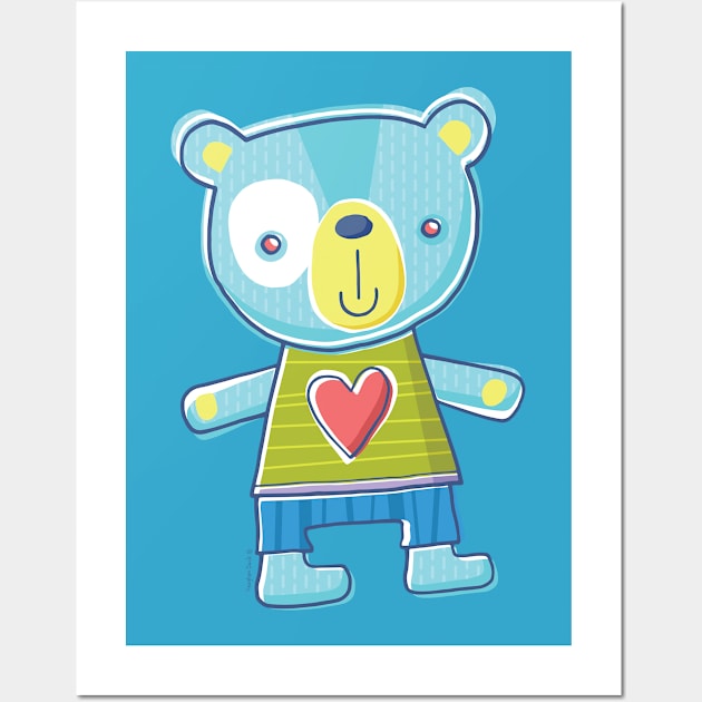 Blue Teddy Bear Cartoon Wall Art by vaughanduck